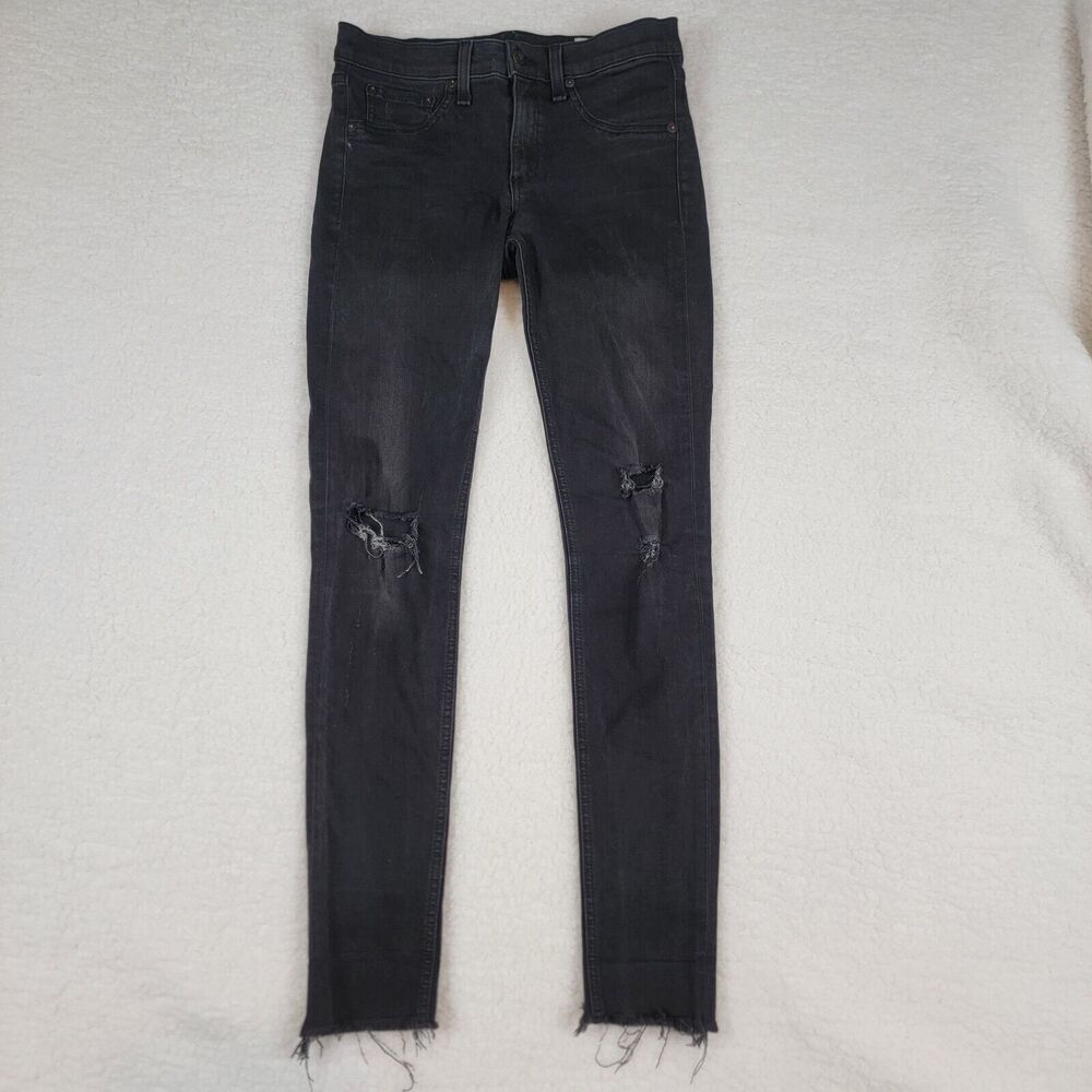 Rag & Bone High Rise Ankle Skinny Jeans Distressed Washed Black Rock w Holes 28